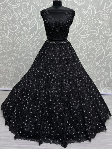 Surprising Black Sequins Net Party Wear Lehenga Choli With Dupatta - Ethnic Plus In